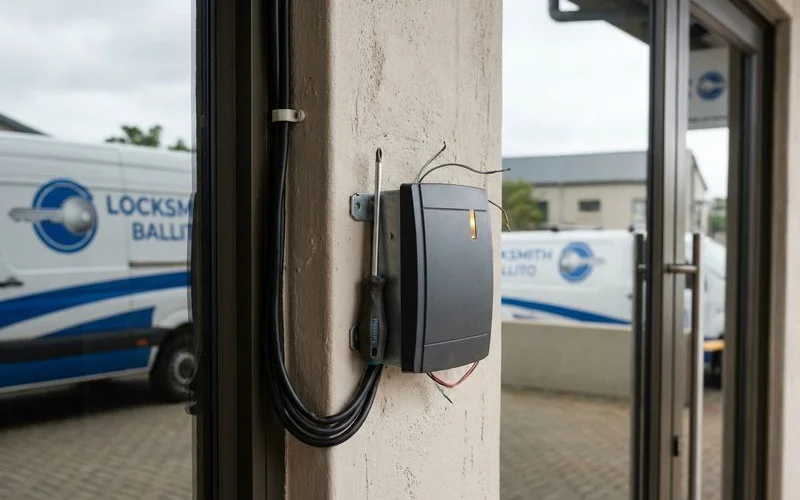 Electronic access control card reader installed at a Ballito office building entrance