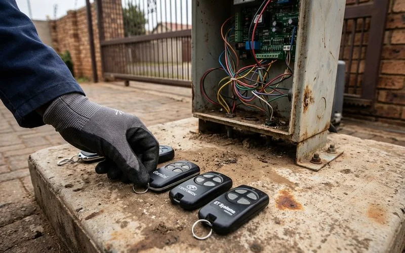 Gate motor remotes from Centurion, Gemini, and ET Systems beside a gate motor control unit