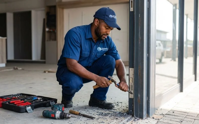 Heavy-duty commercial mortice lock being installed on a steel-framed door at a Ballito retail premises