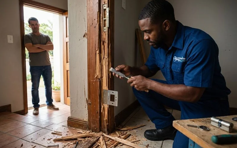 Locksmith repairing a damaged door frame and replacing locks after a break-in at a North Coast home