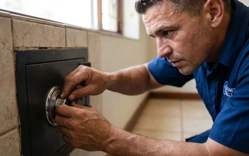Locksmith technician carefully manipulating a combination dial on a domestic floor safe in Ballito