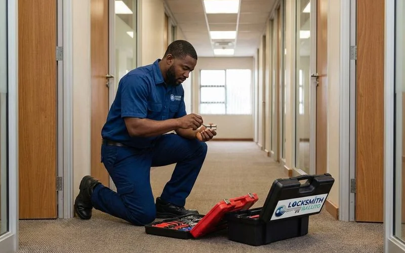 Locksmith installing a master key system across multiple office doors in a Ballito business