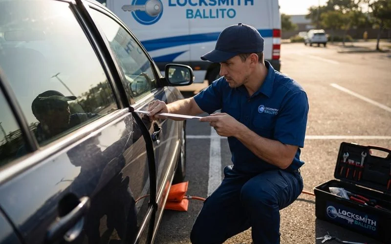 Locksmith opening a car door with professional bypass tools at a Ballito parking area