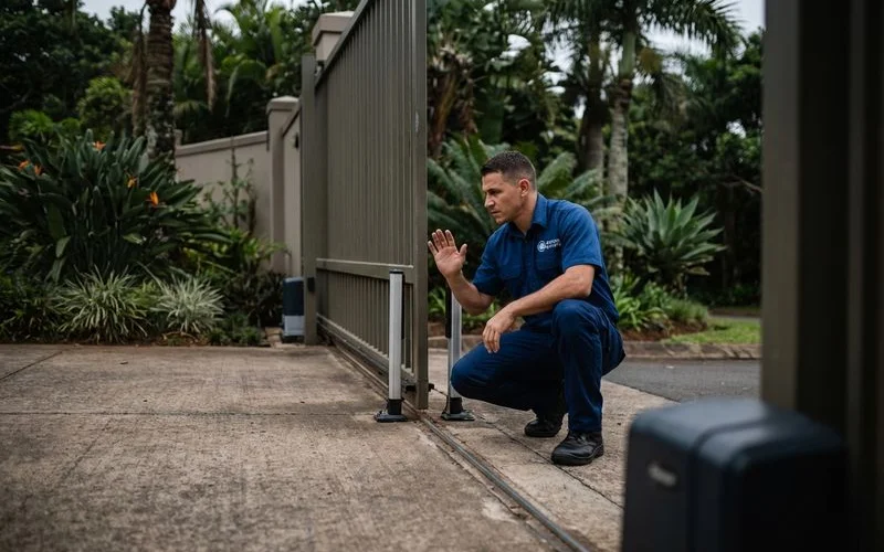 Locksmith testing infrared safety beams on an automated sliding gate installation in Zimbali estate