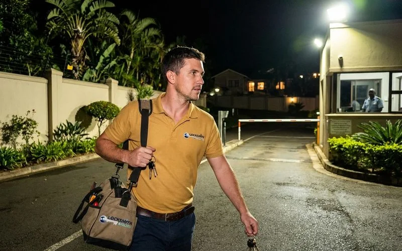 Emergency locksmith arriving at a residential estate in Ballito for a night-time lockout