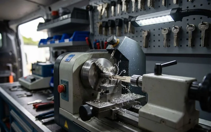 Professional key cutting machine creating a precision car key blade inside a mobile locksmith workshop