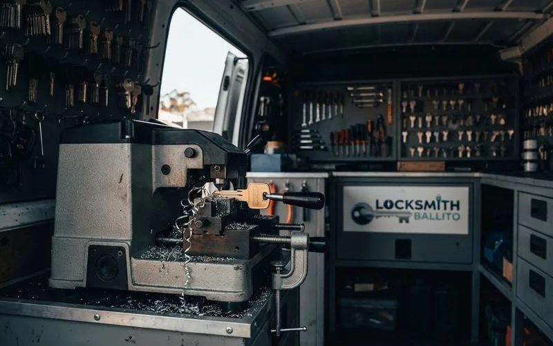 Professional key cutting machine inside a mobile locksmith van creating a transponder car key
