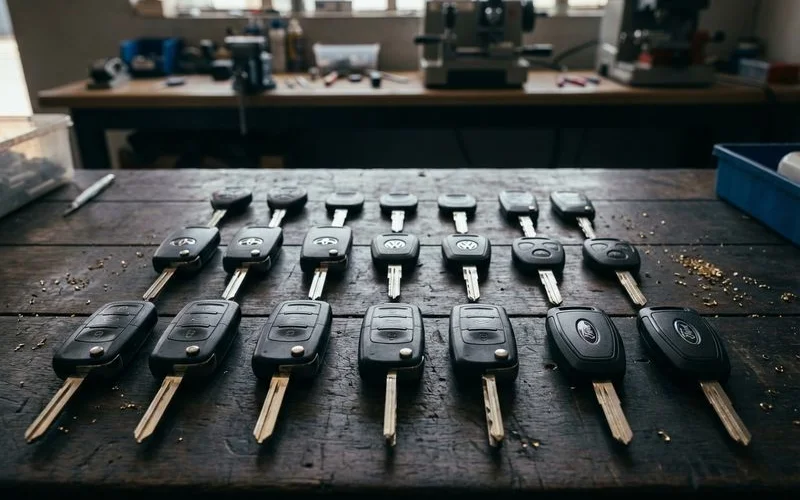 Selection of car key types including flip keys, transponder keys, and remote fobs for SA brands