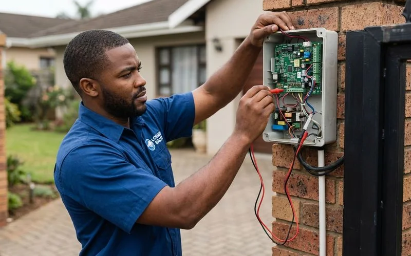 Technician accessing a gate motor receiver unit mounted on a pillar for diagnostics and programming