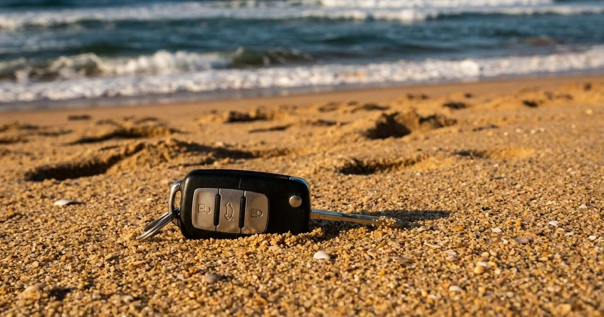 Car keys lost in the sand at a Ballito beach with ocean waves visible in the background