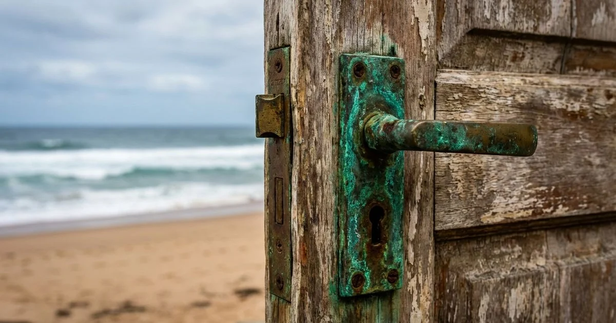 Brass door lock showing green corrosion patina caused by salt air exposure on a coastal Ballito property