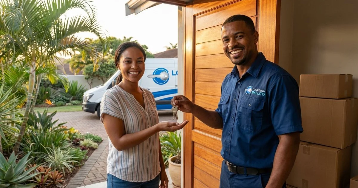 New homeowner holding keys at the front door of a modern coastal home in Ballito
