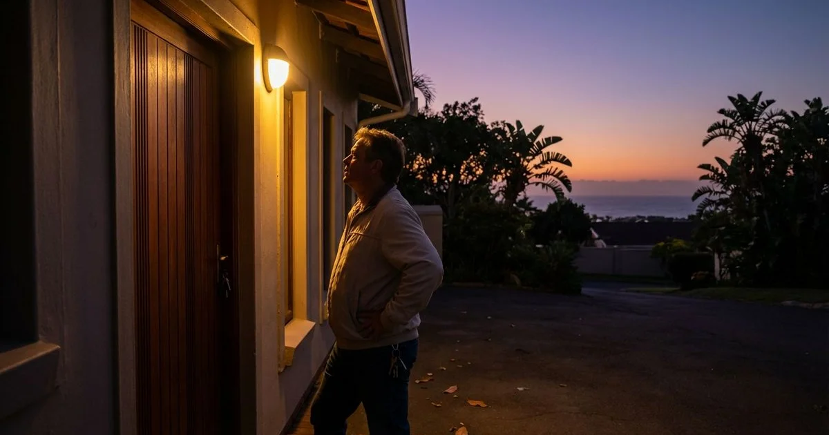 Homeowner locked out of their Ballito home standing at the front door in the evening