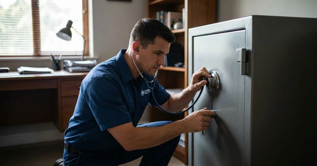Professional locksmith opening a domestic safe using specialist tools in a Ballito home office