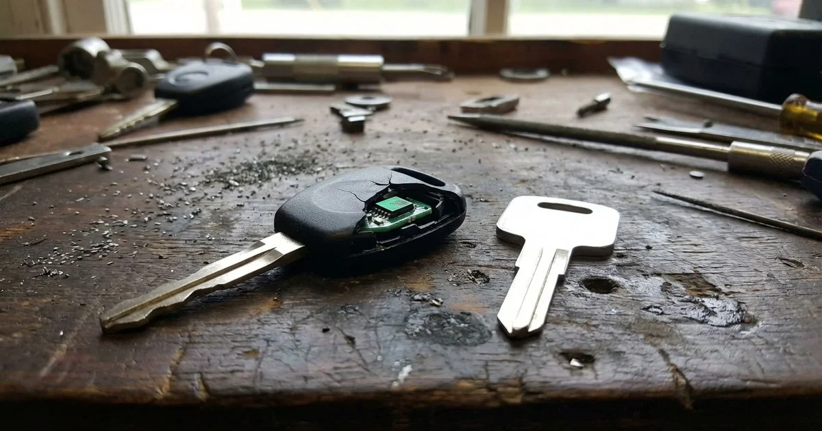 Transponder car key with electronic chip alongside a standard metal key showing the technology difference