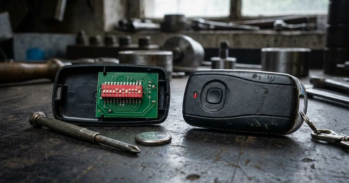 Comparison of an old dip switch gate remote with visible switches and a modern rolling code remote